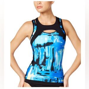 Calvin Klein Women's Cutout Illusion Active Tankini Top Graphic Blue size S